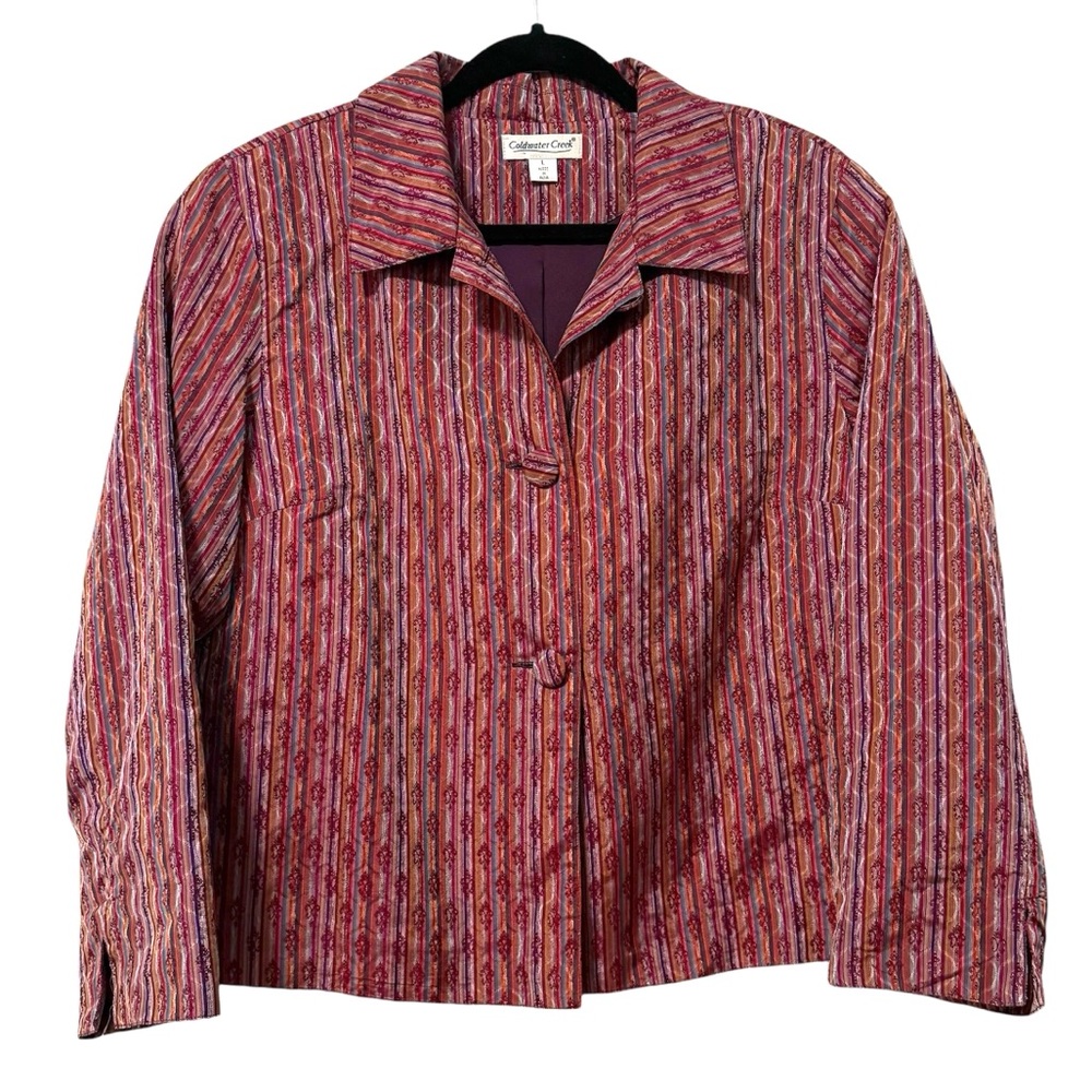 Coldwater Creek Brocade Striped Button Front Jacket Maroon Red Purple Large